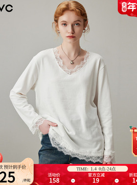 dfvc白色蕾丝拼接V领长袖T恤女2025年秋季新款低领宽松内搭打底衫