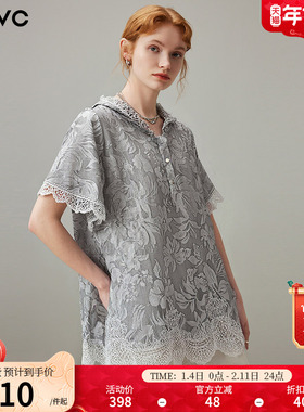 dfvc天丝洋气提花短袖衬衫女2025年夏季新款连帽蕾丝拼接宽松上衣