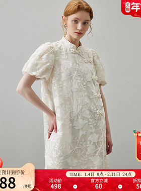 dfvc白色新中式国风连衣裙女2025新款夏季刺绣盘扣泡泡袖旗袍裙子