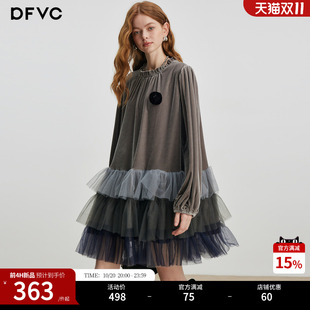 dfvc公主风丝绒复古连衣裙26春秋新款蛋糕网纱A字宽松长袖裙子