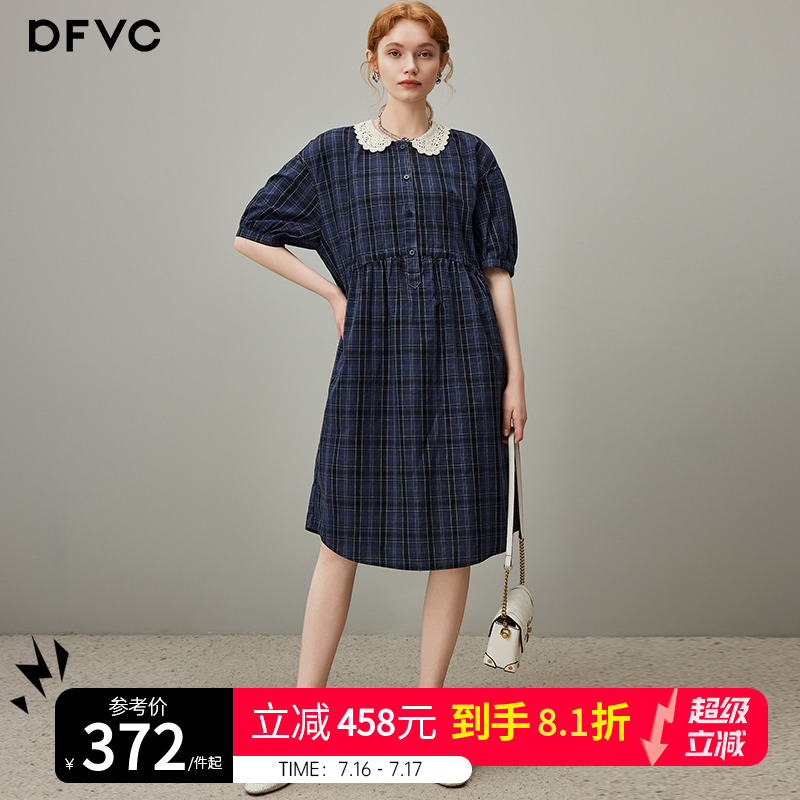dfvc学院风纯棉娃娃领格子衬衫裙