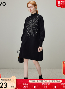 dfvc黑色重工钉珠针织连衣裙女2025年冬季新款半高领毛衣裙打底裙
