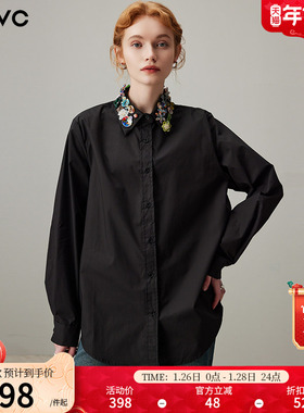 dfvc黑色通勤休闲纯棉长袖衬衫女2026年春季新款钉珠宽松显瘦衬衣