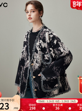 dfvc黑色羊毛中长款针织外套女2025年冬季新款V领流苏宽松毛衣厚