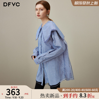 dfvc蓝色减龄海军领格子长袖衬衫