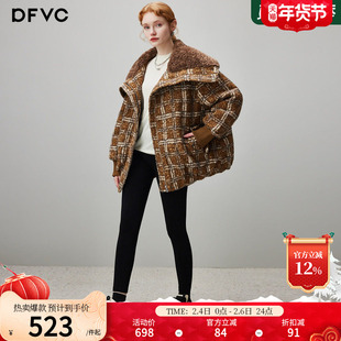 dfvc复古格子仿羊羔毛外套棉服女2025年冬季新款翻领宽松保暖棉衣
