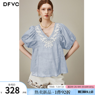 新款 dfvc苧麻復古繡花V領短袖 女2025年夏季 小個子寬松小衫 襯衫 薄