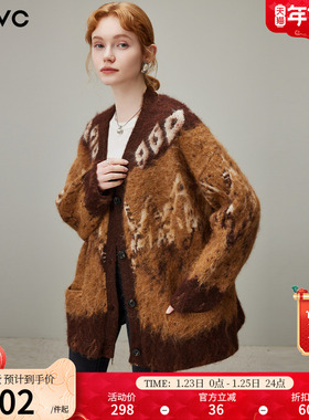 dfvc慵懒风复古绵羊毛针织衫女2025年冬季新款中长款V领开衫毛衣