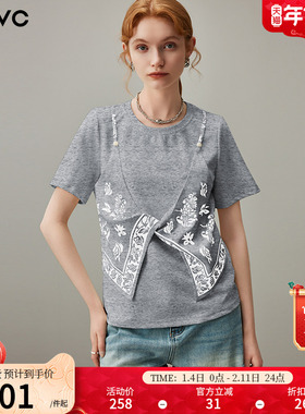 dfvc灰色时尚假两件圆领短袖t恤女2025年夏季新款拼接宽松上衣薄