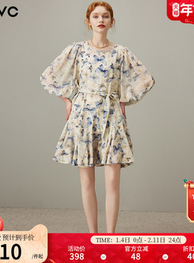 dfvc复古蝴蝶印花连衣裙女2025年夏季新款灯笼袖腰带小个子中裙薄
