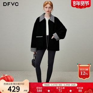 dfvc黑色韩版羊毛短款毛呢外套女2025年冬季新款翻领宽松加厚大衣