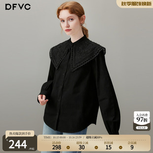 dfvc黑色纯棉法式减龄娃娃领长袖衬衫女2026年秋季新款宽松上衣