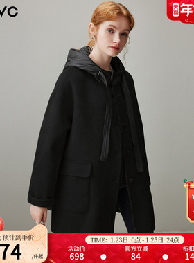 dfvc韩版中长款绵羊毛呢外套女2025年冬季新款连帽宽松双面呢大衣