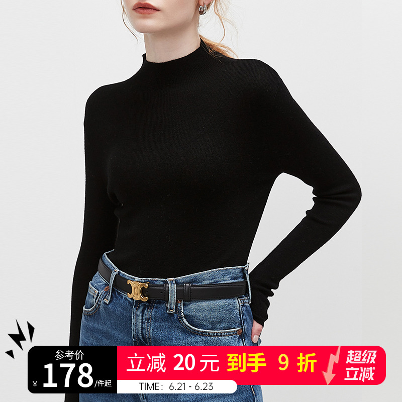 dfvc精纺全羊毛黑色打底针织衫毛衣女秋季2024半高领修身内搭上衣