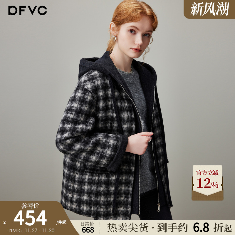 dfvc假两件格纹短款绵羊毛呢外套
