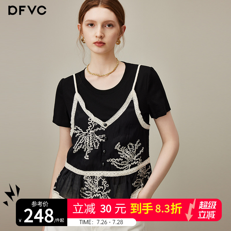 dfvc黑色时尚假两件圆领短袖t恤女2025年夏季新款吊带拼接上衣薄