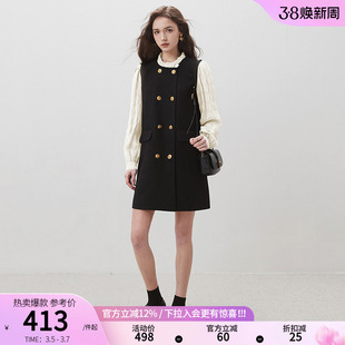 dfvc赫本风黑色连衣裙女春2026新款拼接木耳边长袖小个子小黑裙子