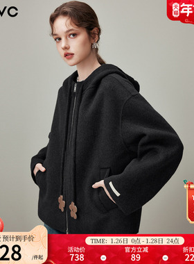 dfvc韩版短款绵羊毛呢外套女2025年冬季新款连帽双面呢山羊绒大衣