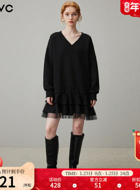 dfvc时尚休闲V领卫衣裙女2026年春季新款宽松连衣裙荷叶边小黑裙