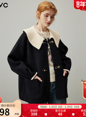dfvc黑色娃娃领毛呢外套女2025新款冬季撞色牛角扣宽松短款大衣厚