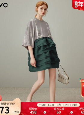 dfvc撞色拼接丝绒t恤裙女2026年春季新款宽松蛋糕裙荷叶边连衣裙