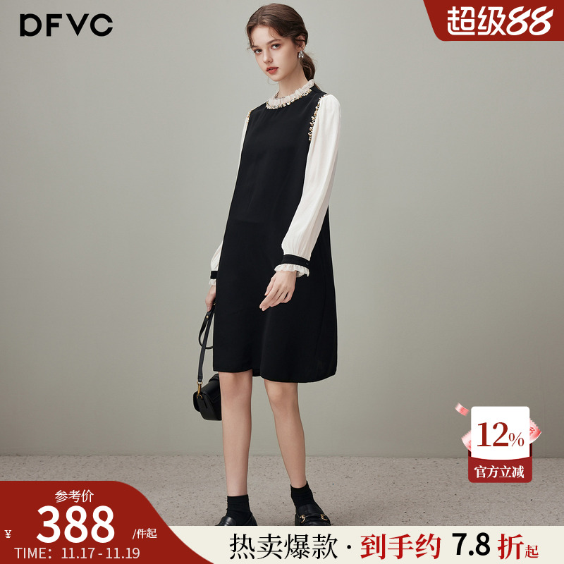 dfvc气质撞色拼接长袖连衣裙
