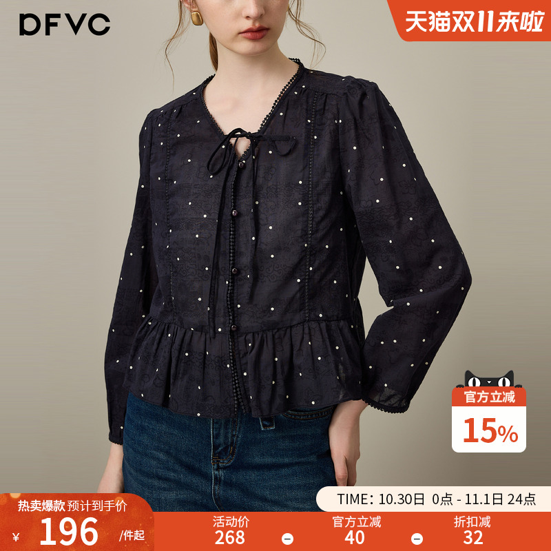 dfvc纯棉法式波点长袖衬衫荷叶边