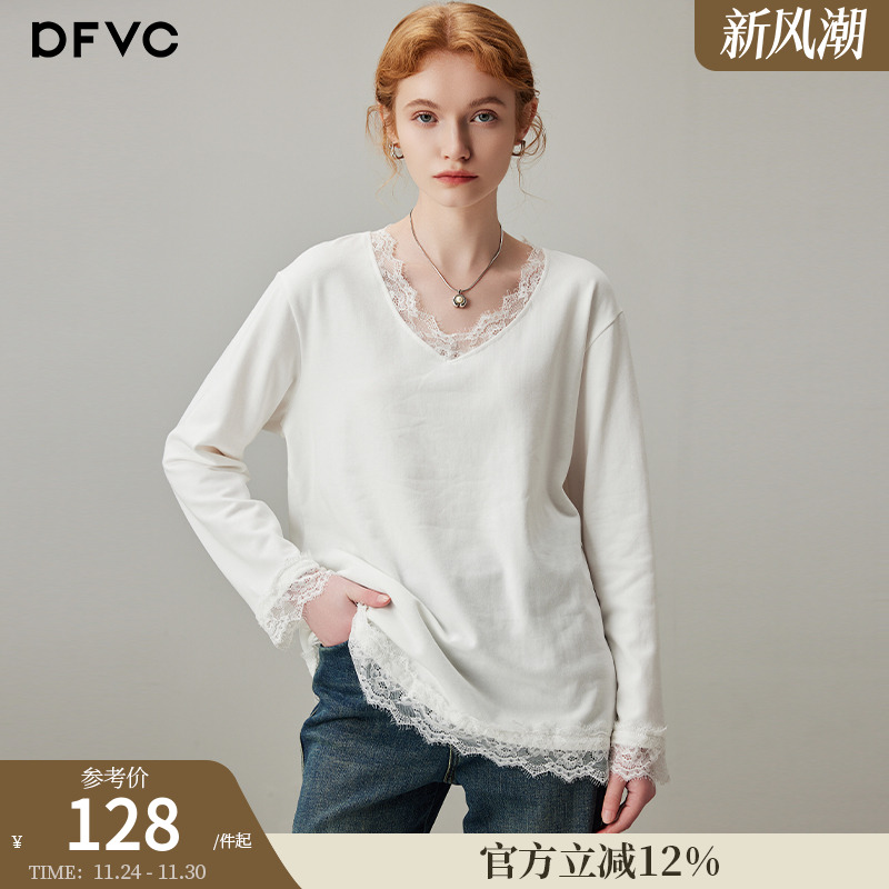 dfvc蕾丝拼接长袖T恤内搭打底衫