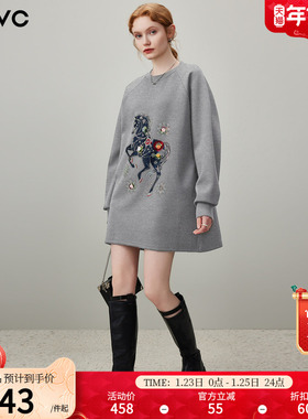 dfvc灰色马年休闲圆领卫衣裙女2026年春季新款钉珠宽松长袖连衣裙
