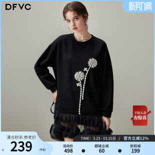 新款 圆领卫衣裙女2025年冬季 钉珠网纱拼接连衣裙 黑色休闲长袖 秒杀