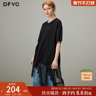 dfvc黑色蕾丝拼接圆领短袖t恤女2025夏季新款设计感小众宽松上衣