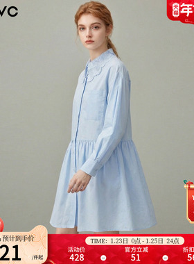 dfvc蓝色纯棉长袖衬衫裙女2026年春季新款花边领宽松小个子连衣裙