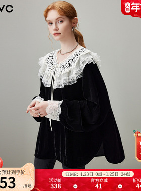 dfvc黑色法式荷叶领长袖丝绒衬衫女2026年春季新款宽松复古风上衣