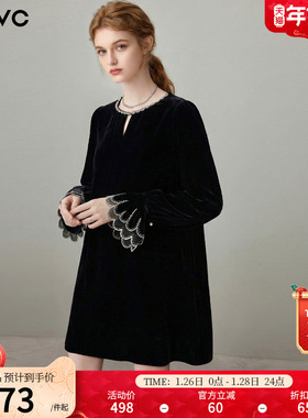 dfvc黑色喇叭袖T恤连衣裙女2026春季新款简约宽松中长款小黑裙子