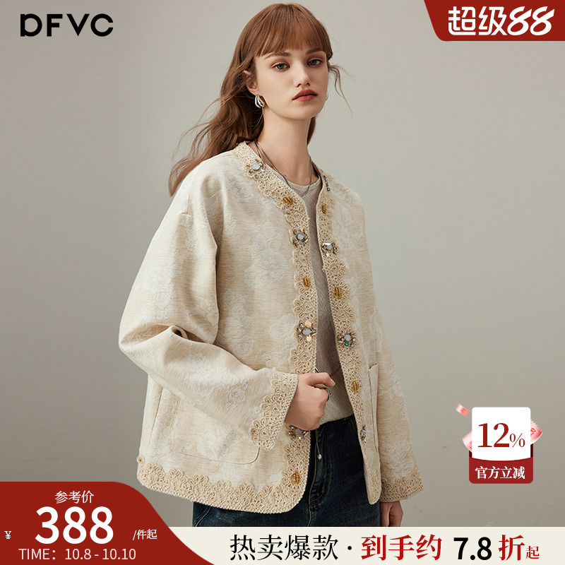 dfvc棉麻复古提花短款外套蕾丝边