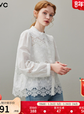 dfvc白色纯棉法式镂空长袖衬衫女2026年春季新款钩花减龄宽松小衫