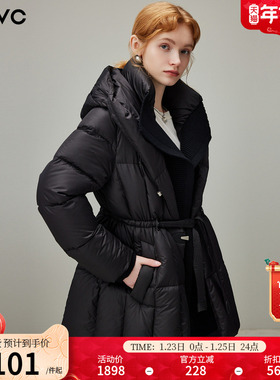 dfvc黑色中长款鹅绒羽绒服女2025年冬季新款连帽收腰加厚保暖外套