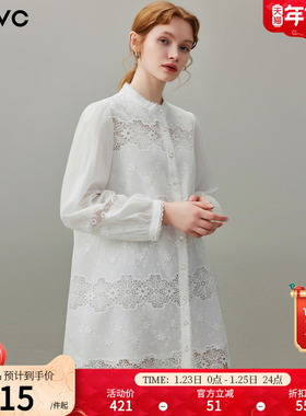 dfvc白色纯棉法式钩花镂空长袖衬衫裙女2026年春季新款宽松连衣裙