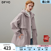 新款 风衣外套女2026年春季 连帽收腰宽松大衣 中长款 dfvc卡其色韩版