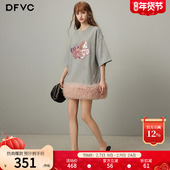 dfvc时尚 小马网纱拼接连衣裙 新款 休闲圆领短袖 T恤裙女2026年春季