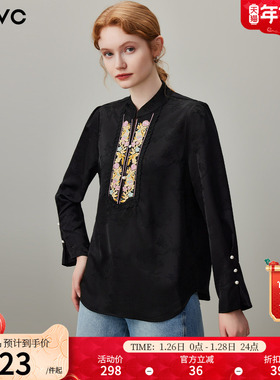 dfvc黑色复古国风提花缎面长袖衬衫女2026年春季新款立领刺绣上衣