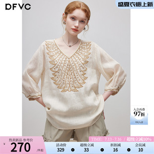 dfvc苎麻复古文艺绣花V领衬衫女2026年夏季新款七分袖防晒上衣薄