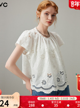 dfvc白色纯棉甜美减龄短袖衬衫女2025夏季新款绣花镂空宽松娃娃衫
