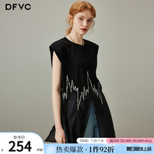 dfvc黑色设计感网纱拼接无袖T恤女2025年夏季新款中长款开叉背心