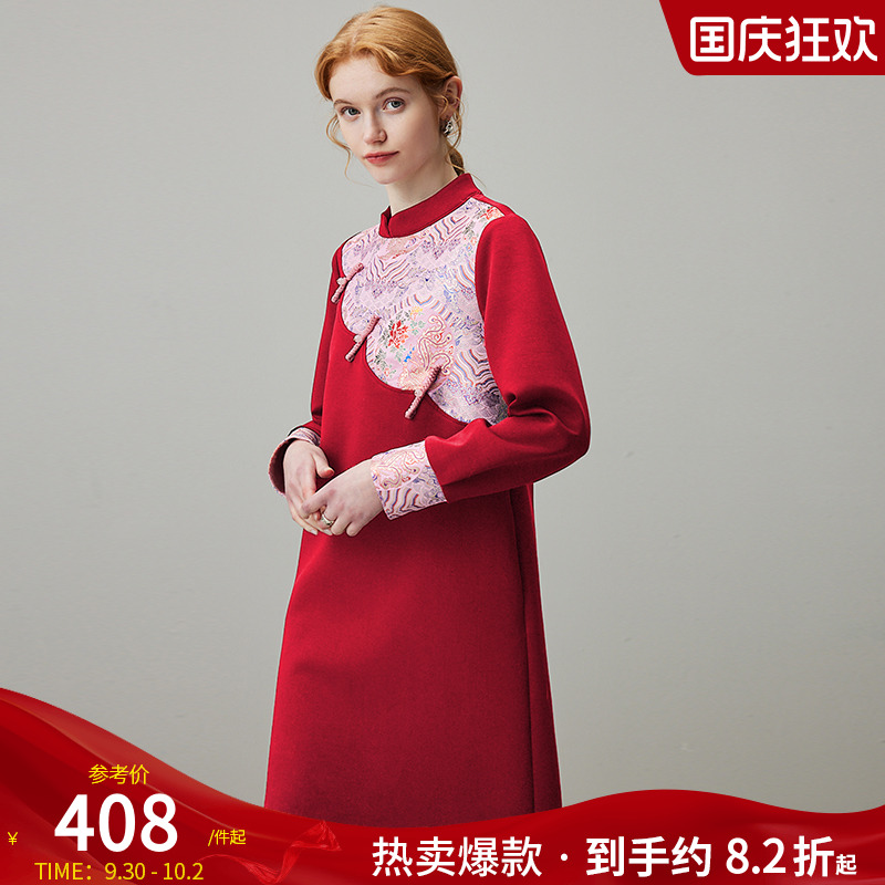 dfvc红色宫廷风连衣裙女重工刺绣