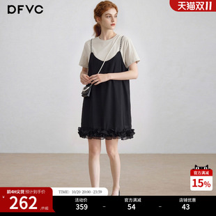dfvc韩版休闲假两件拼接T恤裙女2026年夏季新款荷叶边宽松连衣裙
