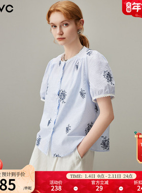 dfvc蓝色纯棉法式条纹衬衫女2025年夏季新款绣花泡泡袖小个子衬衣
