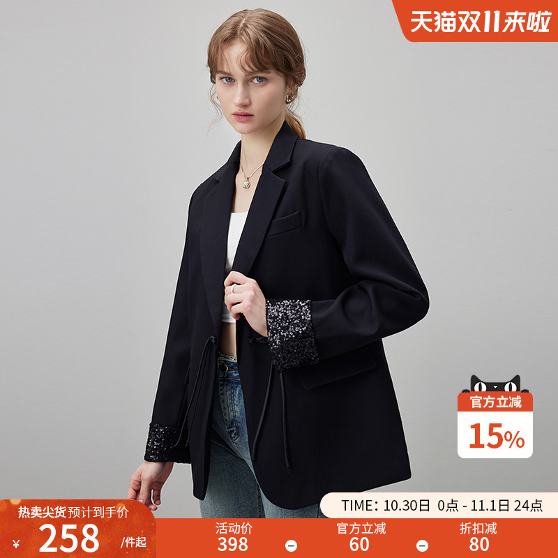 dfvc秋季黑色短款西装外套女2025新款中式盘扣宽松上衣休闲西服薄