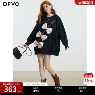 dfvc黑色韩版蝴蝶结圆领卫衣裙女2026新款冬季少女宽松休闲连衣裙