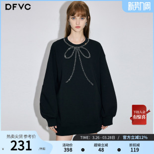 蝴蝶结钉珠休闲宽松套头上衣 新款 dfvc黑色短款 圆领卫衣女2026春季